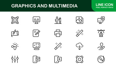 Flat multimedia and graphics icons for digital design projects. Perfect for apps, websites, and branding with clean, modern, and professional visuals.