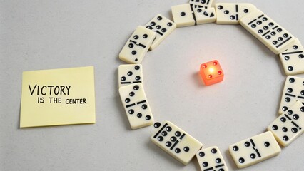 Bright orange die in center of domino circle with victory note