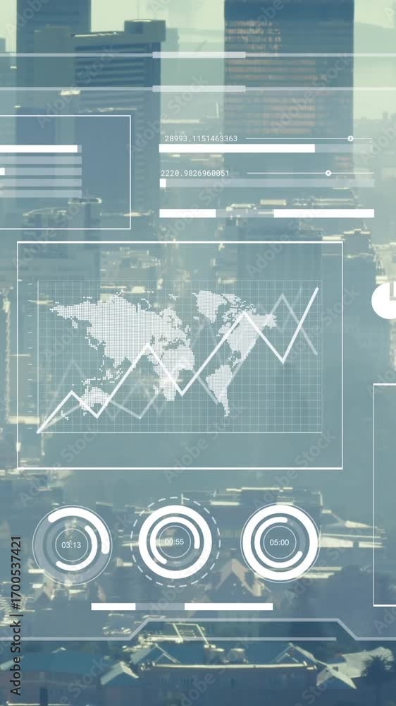 Poster animation of graphs, map, loading circles and bars over aerial view of cityscape
