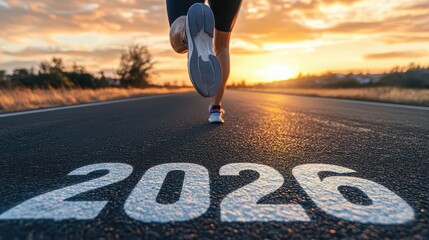 Person running on road with 2026 painted on surface during golden hour light
