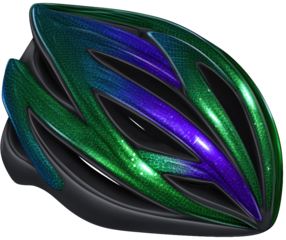 Green and purple cycling helmet in profile view, isolated on a transparent background, sports safety gear.