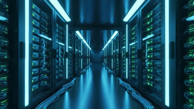 Long Blue Hallway with rows of computer servers and data storage units in a modern server room with a futuristic ambiance.