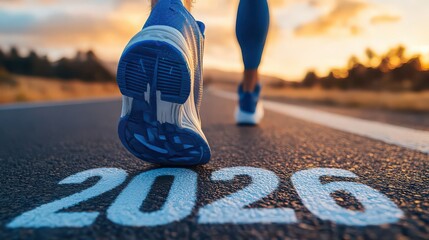 Person running on road with 2026 painted on surface toward a bright future goal