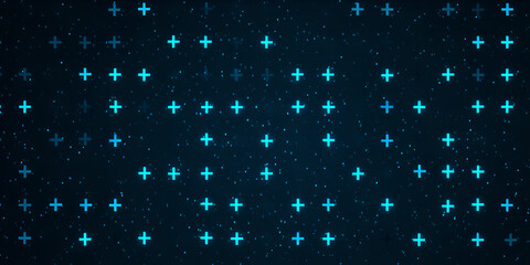 Scattered glowing blue plus signs on dark starry background