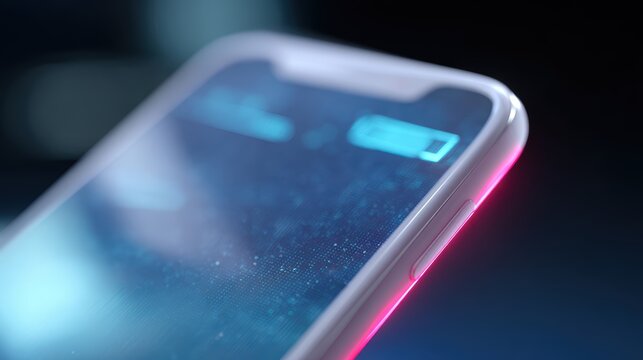smartphone with AR holographic apps, neon glowing interface, futuristic mobile technology environment