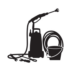 Silhouette Pressure Washer with Hose, Nozzle, Tools, and Bucket Vector Illustration. 