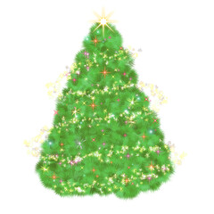 Illustration of a green Christmas tree with lights and colorful sparkling stars.