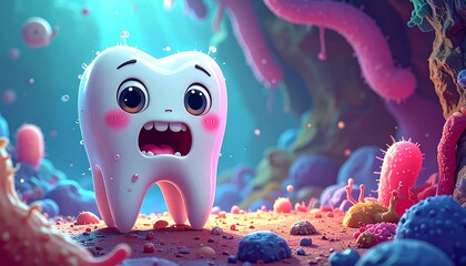 A cartoon tooth, distressed by microorganisms, is portrayed in a vibrant, colorful scene, highlighting the battle against oral bacteria.