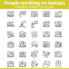 People Working on Laptop Icons Set &ndash; Vector Remote Work, Office Job, Freelance, and Digital Workspace Symbols