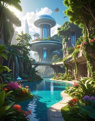 Lush, vibrant tropical paradise with futuristic structures, featuring a tranquil pool and bridges.