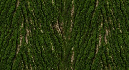 Closeup of a tree trunk covered in green moss with deep vertical furrows and textured bark