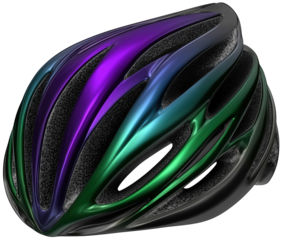 Green and purple cycling helmet in profile view, isolated on a transparent background, sports safety gear.
