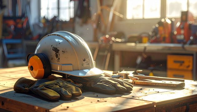 Carpenter's Break: Tools and Equipment Resting in Sunlight, Well-worn Tools of the Trade: A Carpenter's Hard Hat, Gloves, and Rulers on a Wooden Workbench