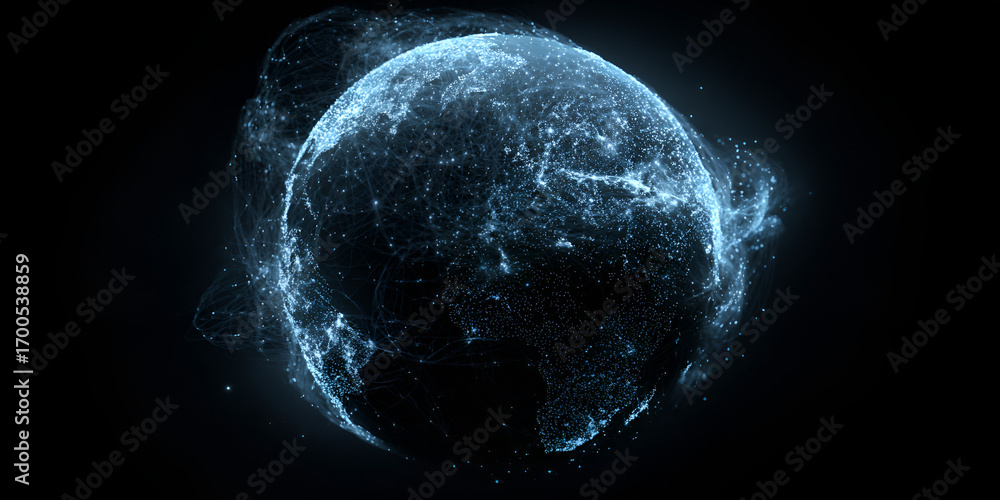 Aufkleber blue particle earth globe with swirling cloud data patterns
