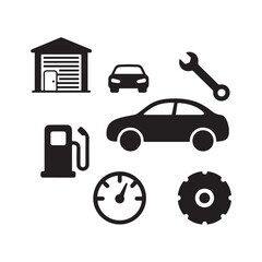Simple Black Car Icon Set With Garage, Tools, Fuel, Speedometer, And Tire.