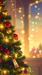 A detailed close-up of a vibrant Christmas tree, adorned with glowing lights and colorful ornaments, set against a soft, warm backdrop of out-of-focus holiday lights and a window.
