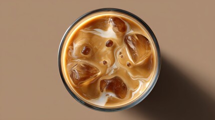 realistic top view of iced coffee with milk swirling inside