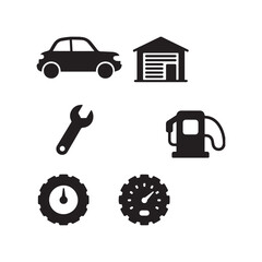 Simple Black Car Icon Set With Garage, Tools, Fuel, Speedometer, And Tire.