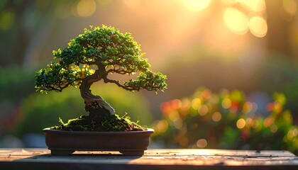 A serene bonsai tree, bathed in warm sunlight, stands on a wooden surface, showcasing intricate artistry and a peaceful ambiance.