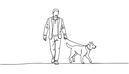 A man in a suit walks his dog on a leash, depicted in a single line drawing.