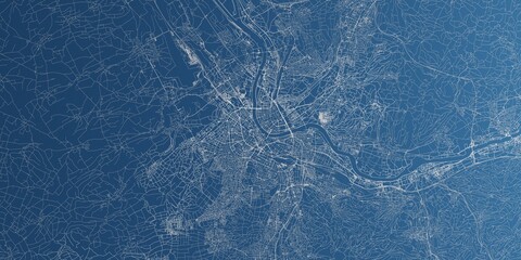 Basel (Switzerland) street map. The style of the map is blue paper