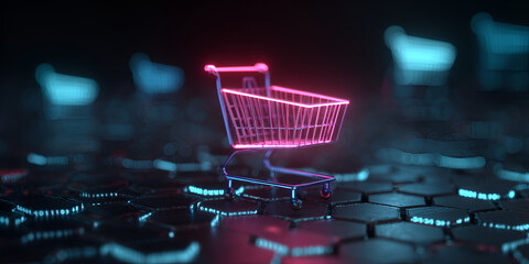 Futuristic 3D glowing shopping cart on hex grid background