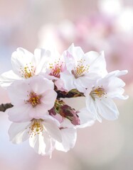 Delicate cluster of cherry blossoms, soft pastel hues and gentle lighting, showcasing the intricate details of the petals and stamens.