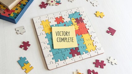 Colorful Puzzle Piece Arrangement with Sticky Note Message of Victory