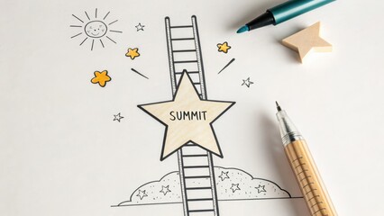 Creative Concept of Climbing to a Summit with Ladders and Stars