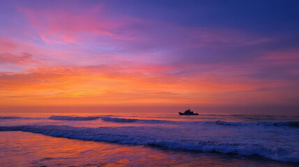 breathtaking summer sunset over ocean features silhouette of solitary yacht gliding through water