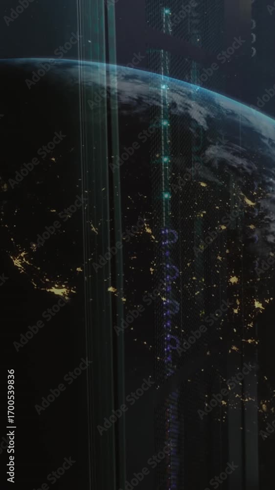 Poster animation of globe and light spot against computer server room