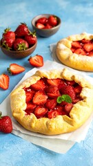 Two delicious strawberry galettes, glistening with fresh berries, sit on a light blue surface, adorned with powdered sugar.