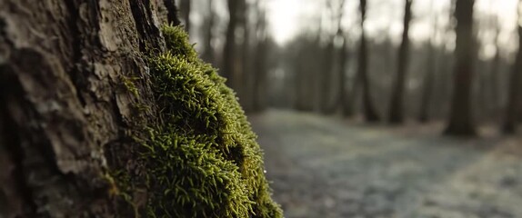 Mossy tree trunk in a frosty forest path during sunrise - Powered by Adobe