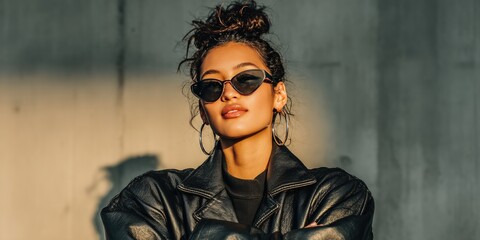 Woman in sunglasses and leather jacket poses against a concrete wall, lit by golden sunlight