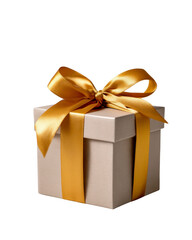 Gift box with golden ribbon on white background  