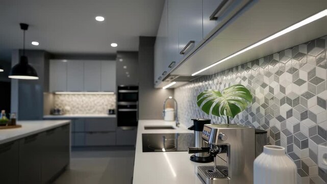 Wide view of contemporary kitchen featuring installed LED light strips under cabinets highlighting stylish backsplash and organized countertop.