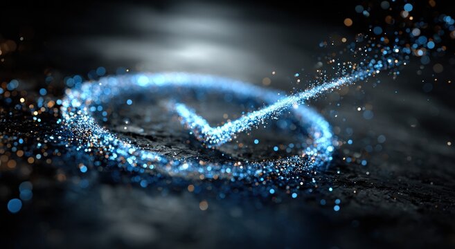 A glowing blue tick mark comprised of particles floats on a dark textured background
