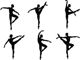 Fototapeta premium Ballet dancer silhouette set featuring graceful poses, extended limbs, and expressive gestures for dance design, education, and merch