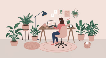 Illustration of a woman working at her desk in a cozy home office decorated with numerous potted plants and modern decor