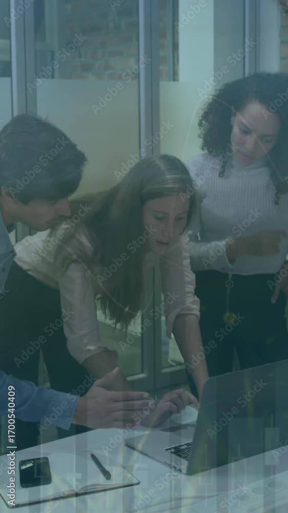 Poster animation of graph processing data over diverse casual business colleagues discussing around laptop