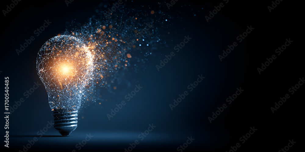 Poster exploding glowing light bulb emitting particles symbolizing bright ideas