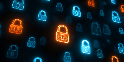 Cybersecurity concept with glowing lock icons in 3D digital space