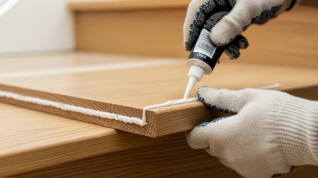 Stepbystep footage of oak stair tread glue application and placement emphasizing overlay durability.