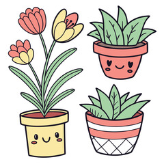 Collection of adorable potted plant illustrations in various styles and colors for decorative use