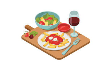 Isometric Italian Lunch: Pasta with Marinara, Salad, Red Wine Still Life on a Wooden Board for Print, Digital, and Other Media.