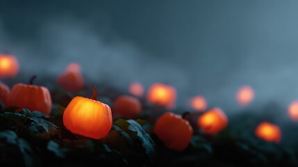 Halloween glowing pumpkin patch background with fog and lanterns