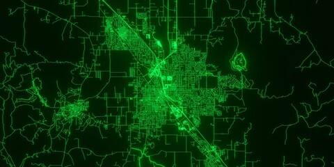 Medford (Oregon, USA) street map. The style of the map is green glow