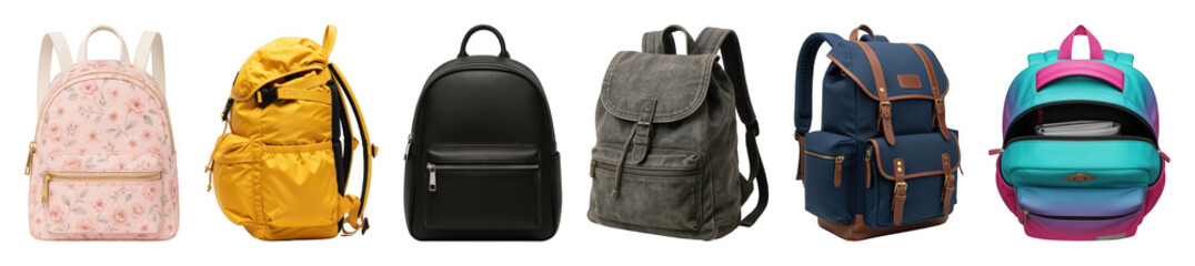 Naklejka premium Backpack set including floral, yellow, black, vintage, navy, and gradient styles isolated. Travel and school accessories collection.