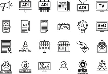 Black-and-white advertising icon set featuring marketing tools, branding elements, digital promotions, and media formats for design, education, and strategy