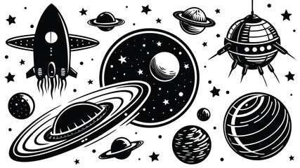 Cute and colorful seamless vector pattern of cartoon UFOs and rockets in space